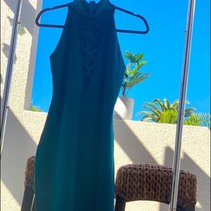 Vintage Teal Cross V-neck tea-length dinner dress